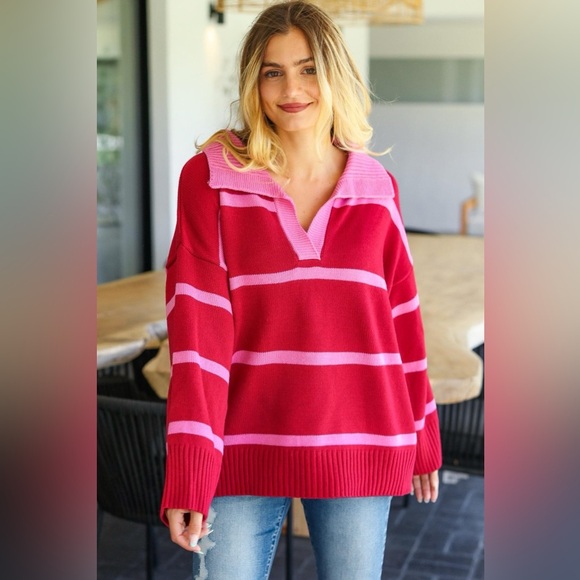 Haptics Collared Neck Striped Contrast Sweater 10010083608 - Picture 4 of 5